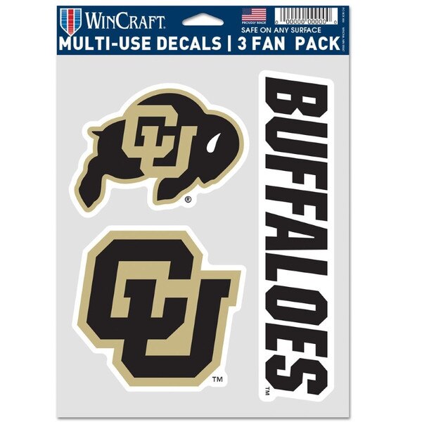 A three pack of decals that features a sticker of the CU Buffalo logo in black and gold, a sticker that says Buffaloes in bold black print, and a sticker of the interlocking CU logo.